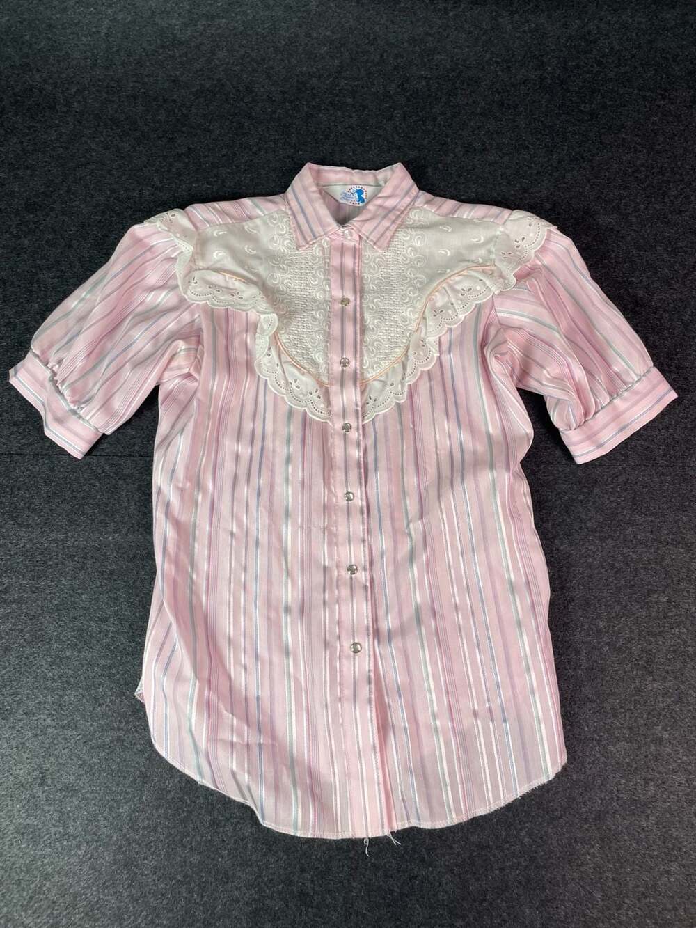 Miss Rodeo America Western Shirt Pink Striped Pearl Snap Lace Yoke Sz Small